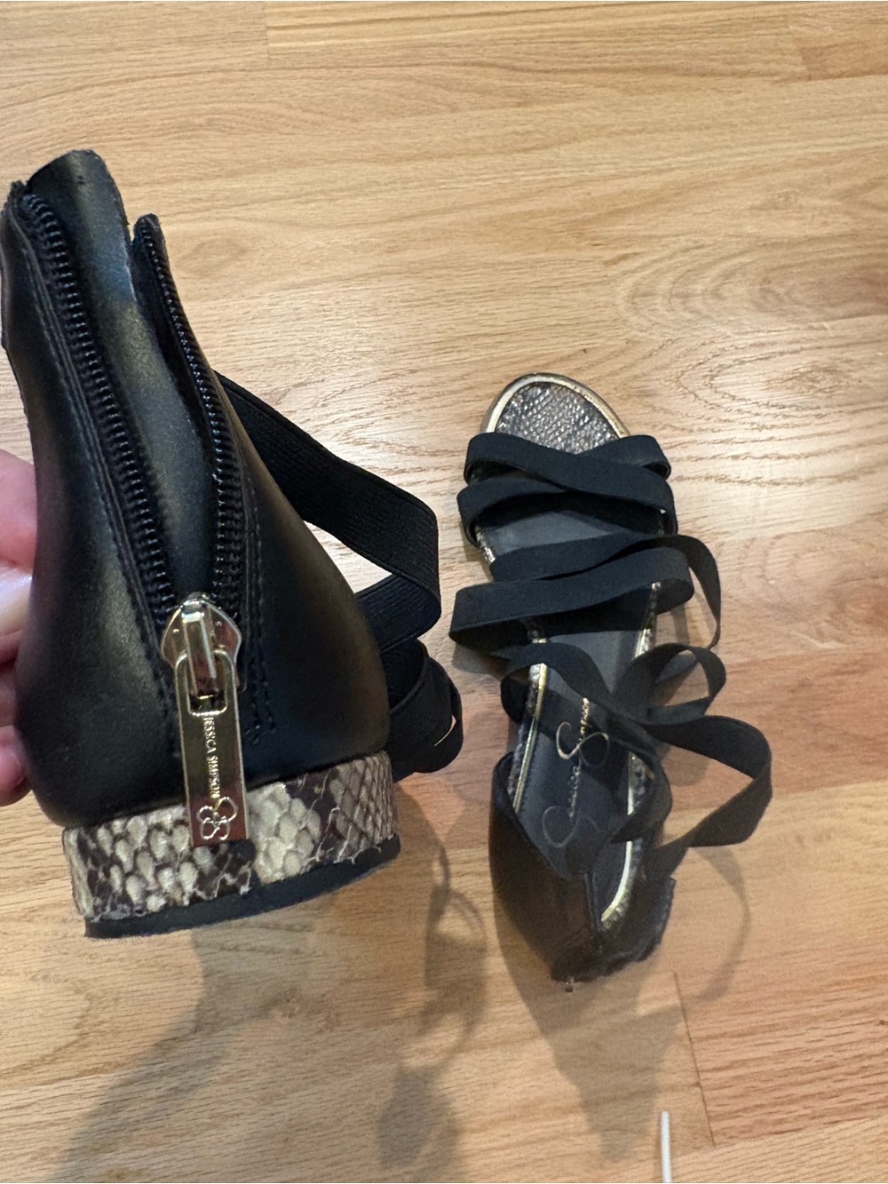 Jessica Simpson Black Strappy Sandals with Snakeskin Heel Accent